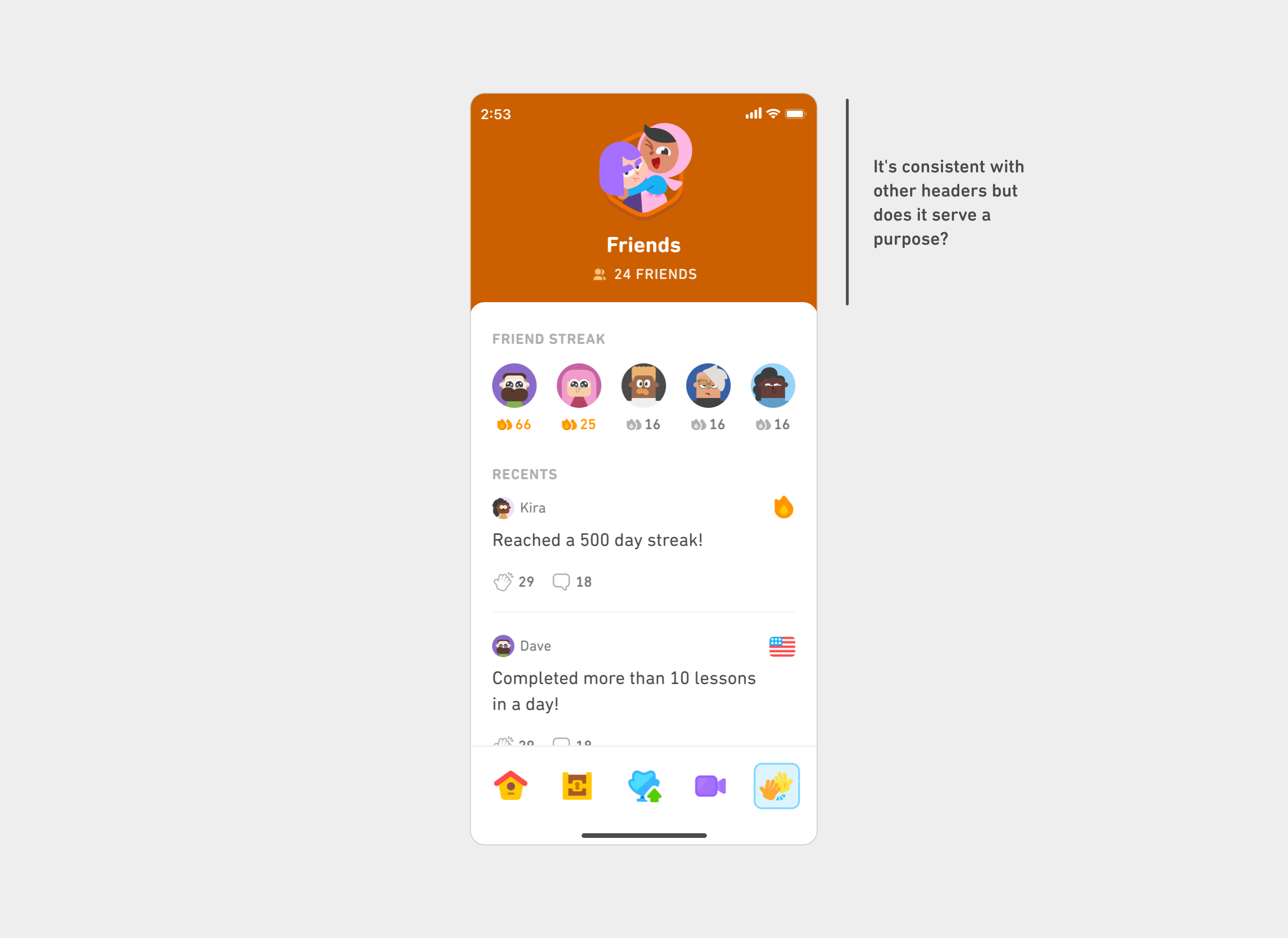 A Duolingo app screen titled "Friends" with a solid orange header showing an illustration of two characters hugging. The screen displays friend streak counts at the top and recent achievements below, including a 500-day streak. A note in the margin reads, “It’s consistent with other headers but does it serve a purpose?” suggesting a critique of the large, colored header’s functional value.