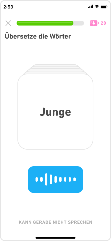 Eine Lernkarte in einer Duolingo-Lektion, die das Wort „Junge“ in einem Kasten zeigt. Darunter befindet sich ein blauer Kasten mit einer Audio-Wellenform, die signalisiert, dass gerade die entsprechende Übersetzung eingesprochen wird.