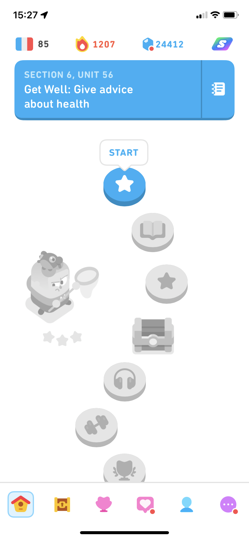 Screenshot of the Duolingo learning path showing individual upcoming units of the French course