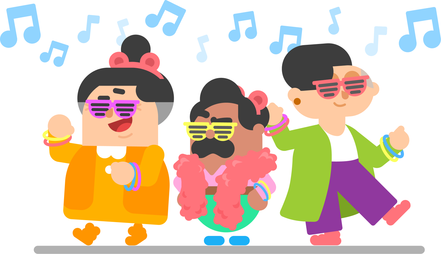 Illustration of Duolingo characters Lucy, Oscar, and Lin wearing bright clothes, neon-colored sunglasses, and dancing under musical notes