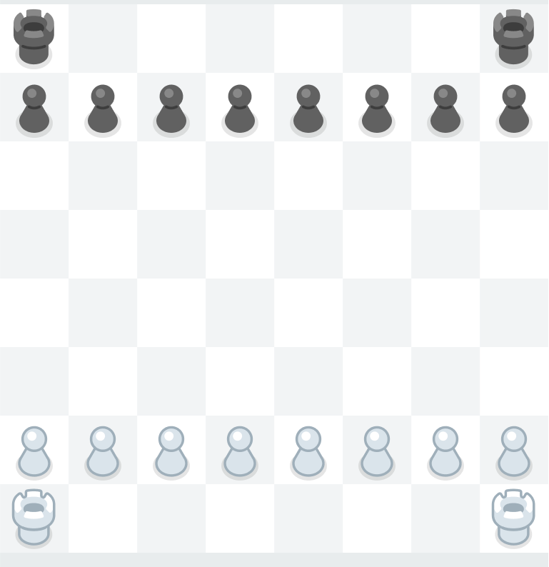 Chess board showing rooks placed in the four corners, with pawns lined up on the second row for each player—black pieces at the top and white pieces at the bottom.