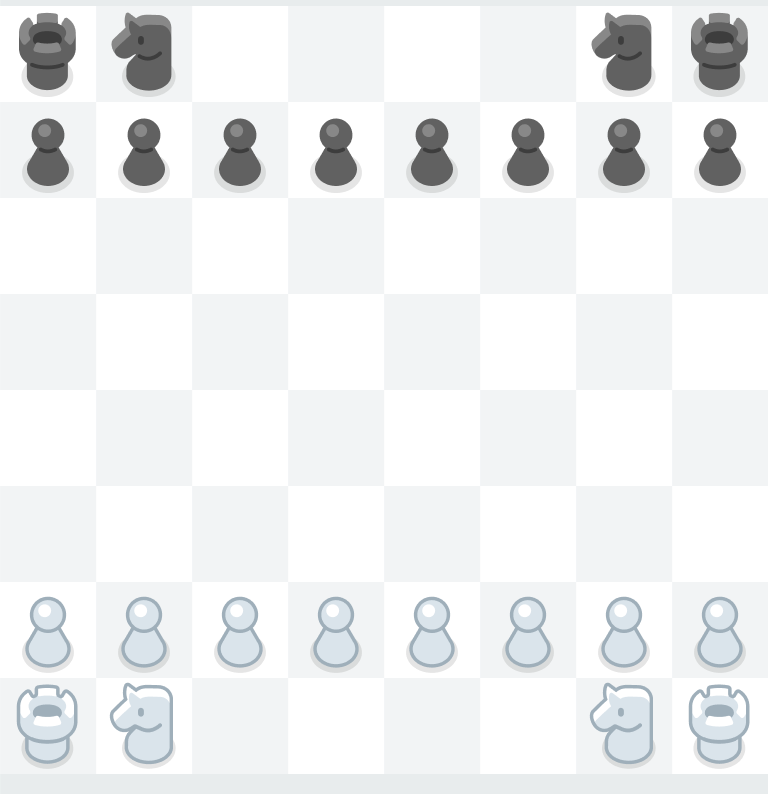 Chess board showing rooks in the corners and knights placed next to them on the first row, with pawns lined up on the second row for each player—black at the top, white at the bottom.