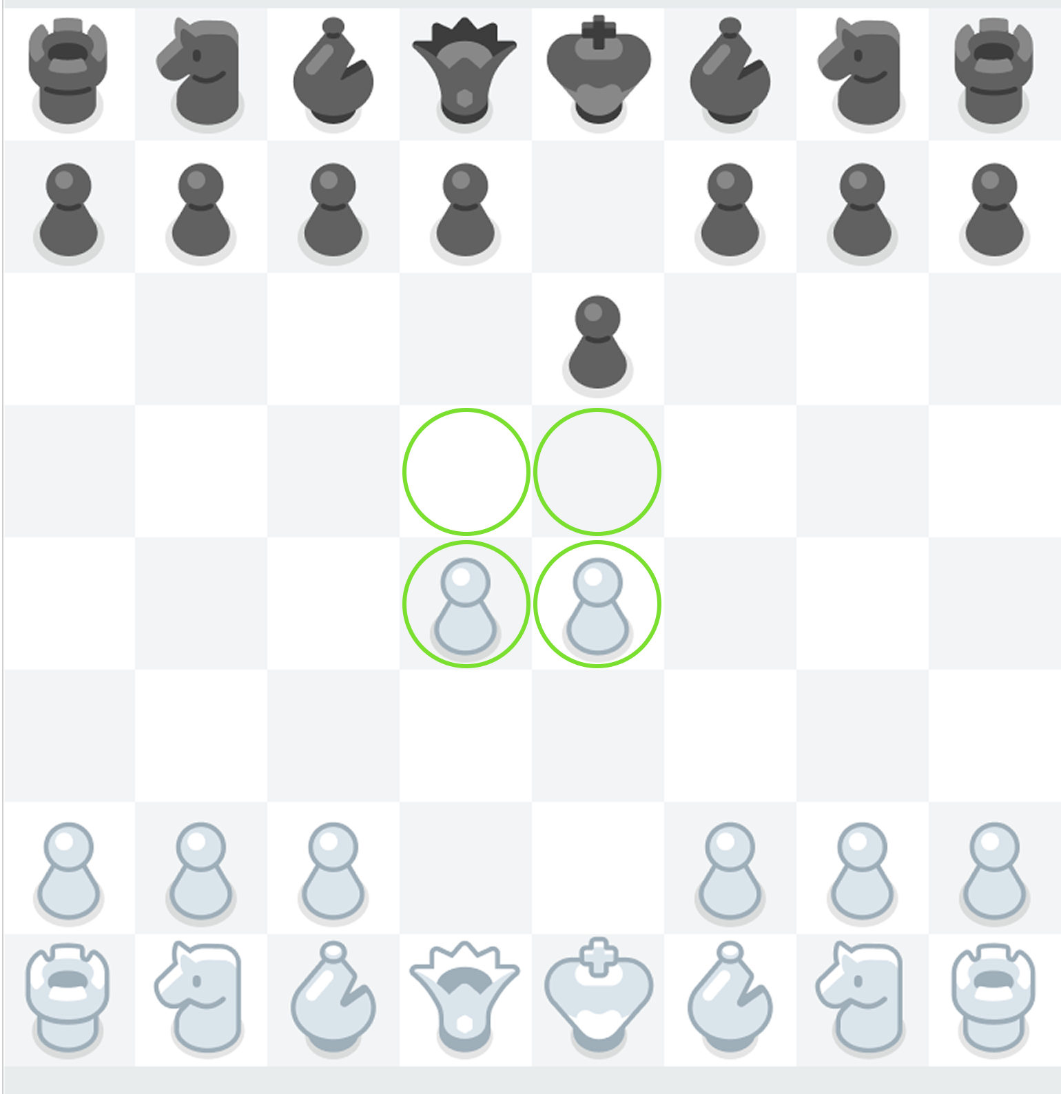 A chessboard after White’s second move. White’s center pawns are standing on e4 and d4, Black has moved a pawn to e6. The central squares e4, d4, e5 and d5 are highlighted in green.