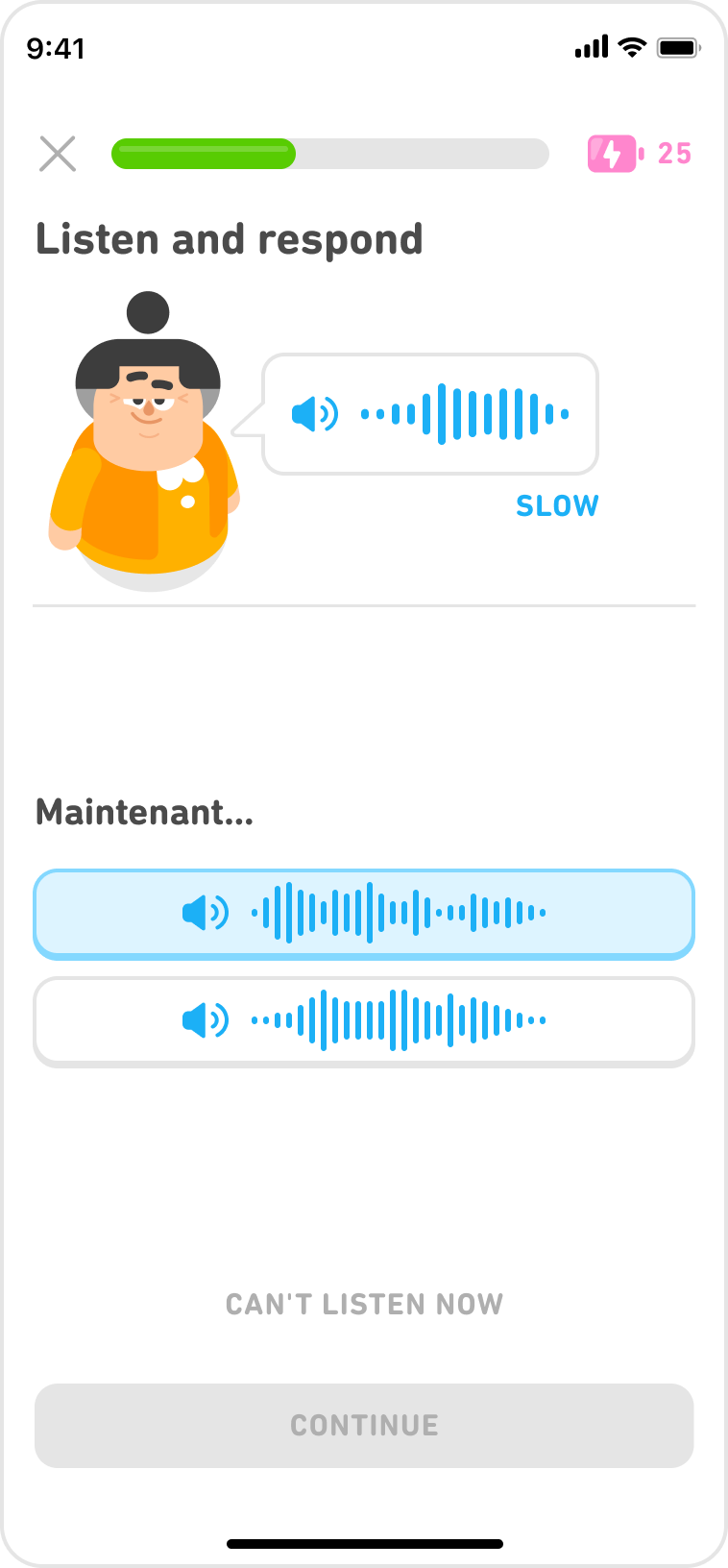 A Duolingo lesson screen showing Lucy and the instructions “Listen and respond.” Lucy’s speech bubble is in the form of waveforms instead of words, so the user has to listen to the prompt and choose the correct answer.