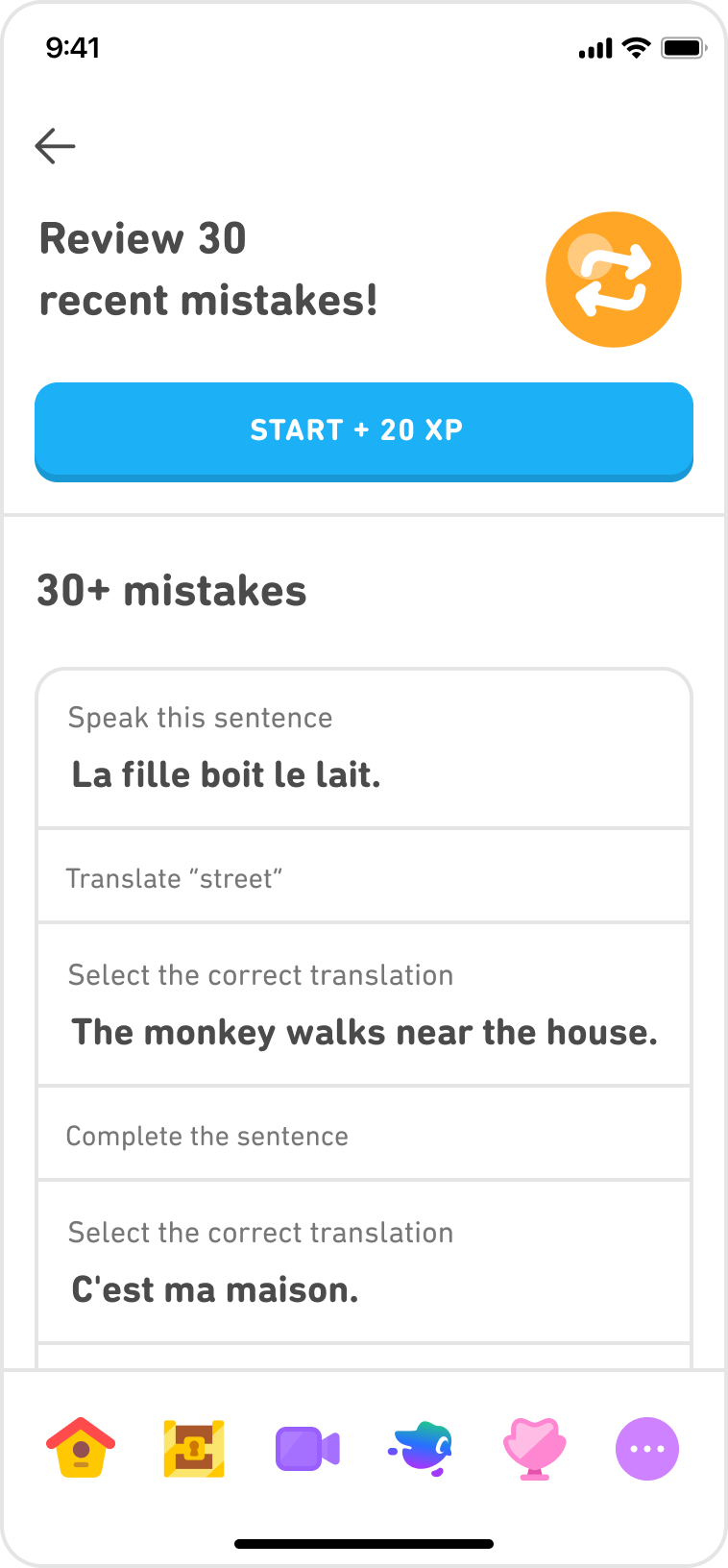 A screen showing mistake review, with several exercises the learner can review from their lessons.