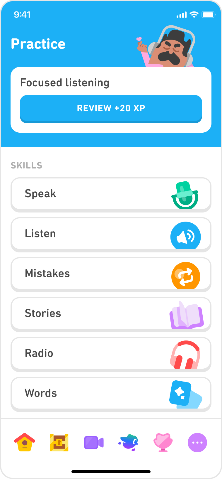 A screenshot of the Duolingo Practice tab, showing “Free Practice” options. The featured option is “Focused Listening” but the list of other options includes: Speak, Listen, Mistakes, Stories, Radio, and Words.