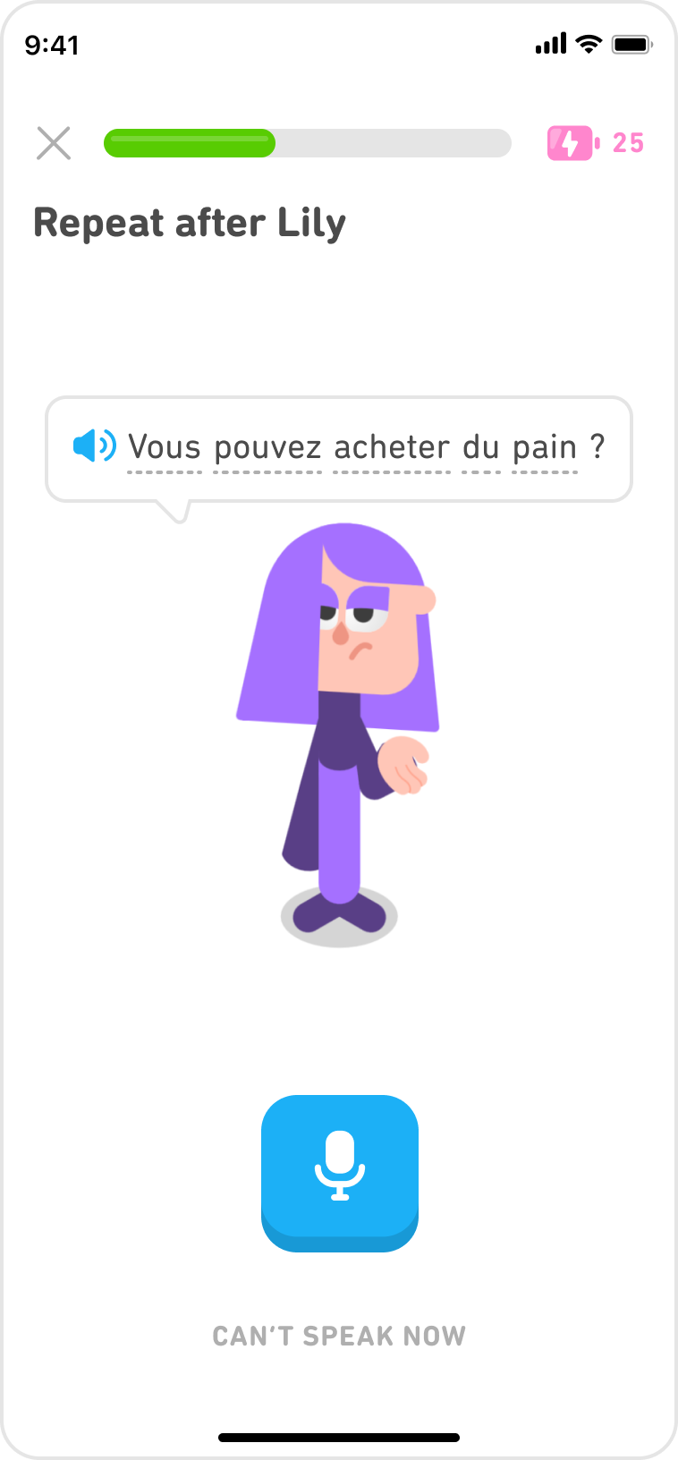 A Duolingo lesson screen with the instructions “Repeat after Lily.” Above Lily’s head is a speech bubble with a French sentence, and below her is a microphone icon, indicating the button to press to repeat the sentence aloud.