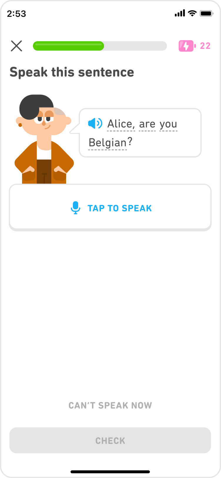 Screenshot of a speaking exercise. Lin is next to a speech bubble that says “Alice, are you Belgian?” and below it is a white button with a small blue microphone that says “Tap to speak.”