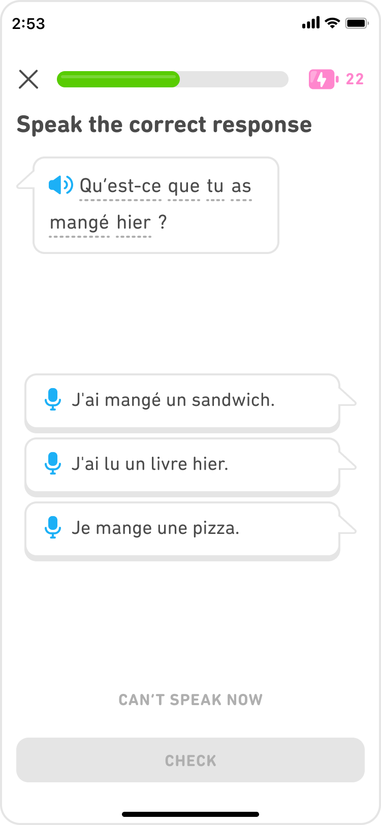 Screenshot of a dialogue speaking exercise. The first speech bubble shows a question in French. Below it are three response choices, each one in a speech bubble with a blue microphone.