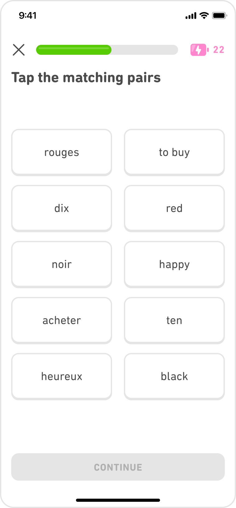 A Duolingo exercise where the learner has to choose a French vocabulary word in the left column and match it to the corresponding English word in the right column.