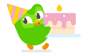Illustration of Duo the owl with a party hat, carrying a birthday cake