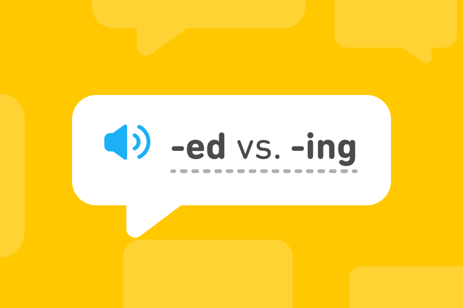 Illustration of a speech bubble with the English endings "-ed" and "-ing"