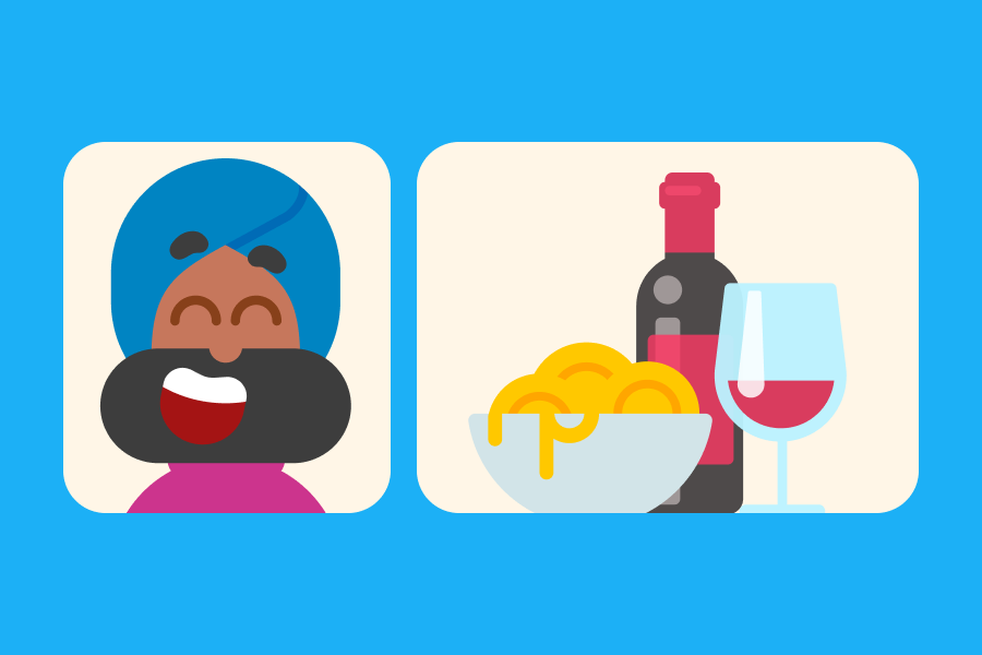 Illustration of Vikram looking excited next to an image of pasta, a wine bottle, and a wine glass