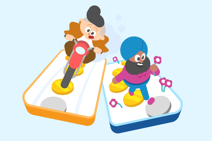 Illustration of two smartphones with Lin riding a motorcycle on top of one and Vikram walking among flowers on the other