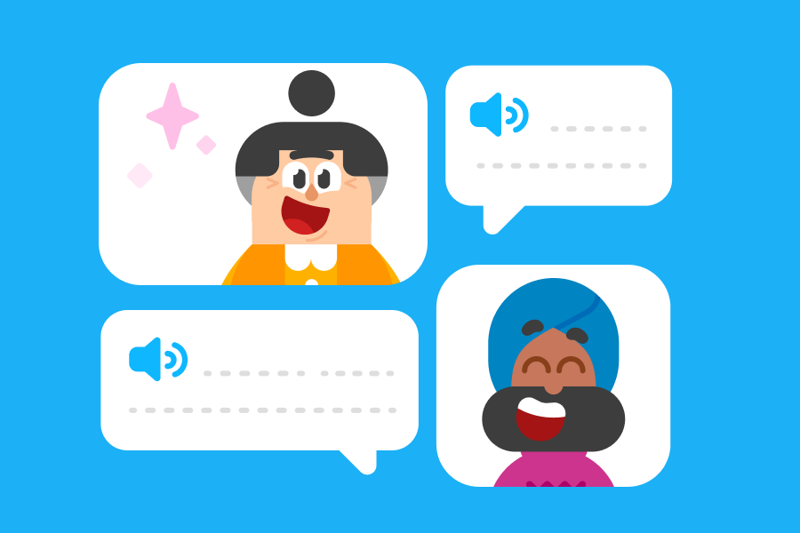 Illustration of Lucy looking excited next to a speech bubble and Vikram looking cheerful next to a speech bubble