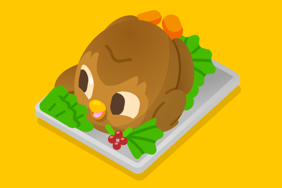 Illustration of a Duo on a serving platter as a browned Thanksgiving turkey