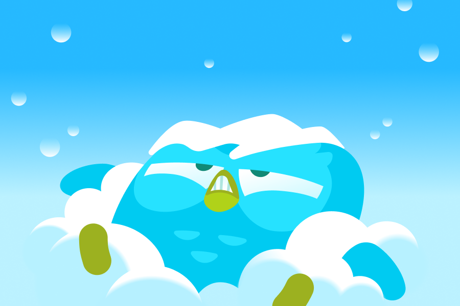 Illustration of Duo, blue and covered in snow, staring up at a cold, blue sky