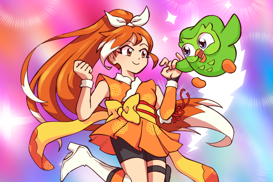 Ilustração do Duo desenhado como um personagem de anime perto da Hime, a mascote da plataforma de streaming Crunchyroll.