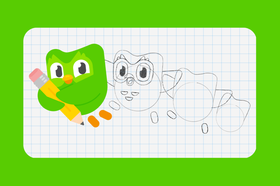 Série d'esquisses de plus en plus détaillées du hibou de Duolingo, jusqu'à l'illustration du célèbre hibou vert