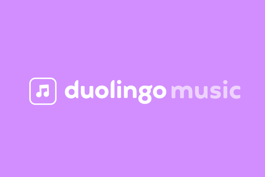 Ilustração de uma nota musical com as palavras "Duolingo Music".