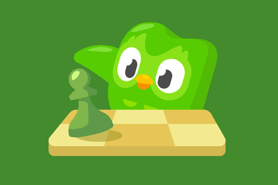 Illustration of Duo the owl sitting at a chessboard moving a green pawn