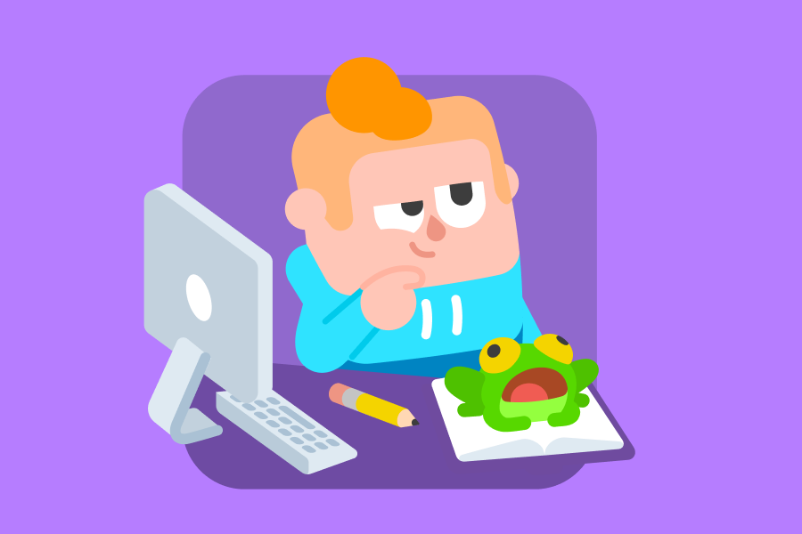  Ilustração do Júnior pensativo em uma mesa, com um computador e a sua sapa de estimação.