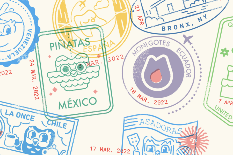 Ilustración de estampas de todas partes del mundo hispanoparlante, con imágenes y nombres de lugares inspirados en Duolingo