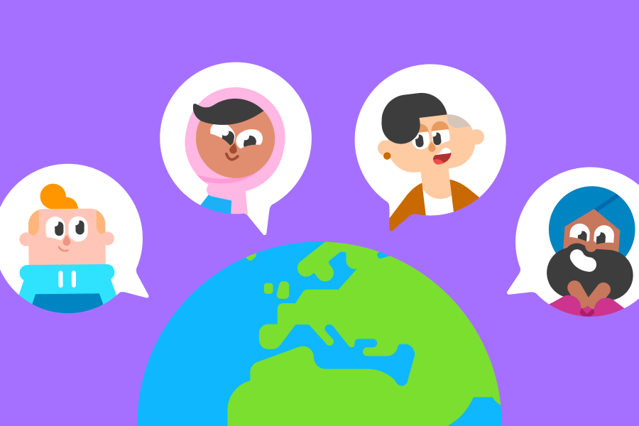 Ilustración de la Tierra con imágenes de Junior, Zari, Lin y Vikram sobre diferentes partes del mundo