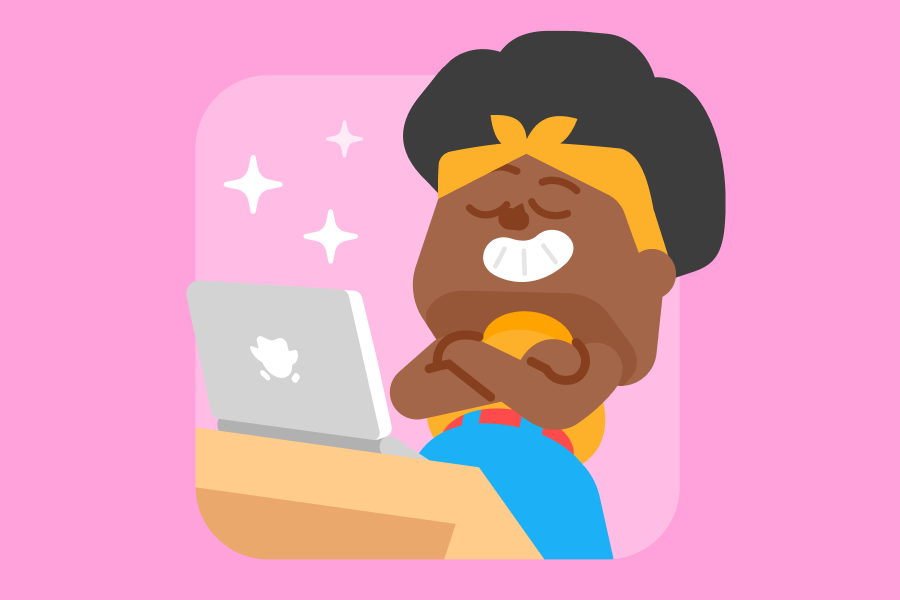 ノートパソコンの横で腕組みをするビーのイラスト。納得がいった表情で、うれしそうにしている。