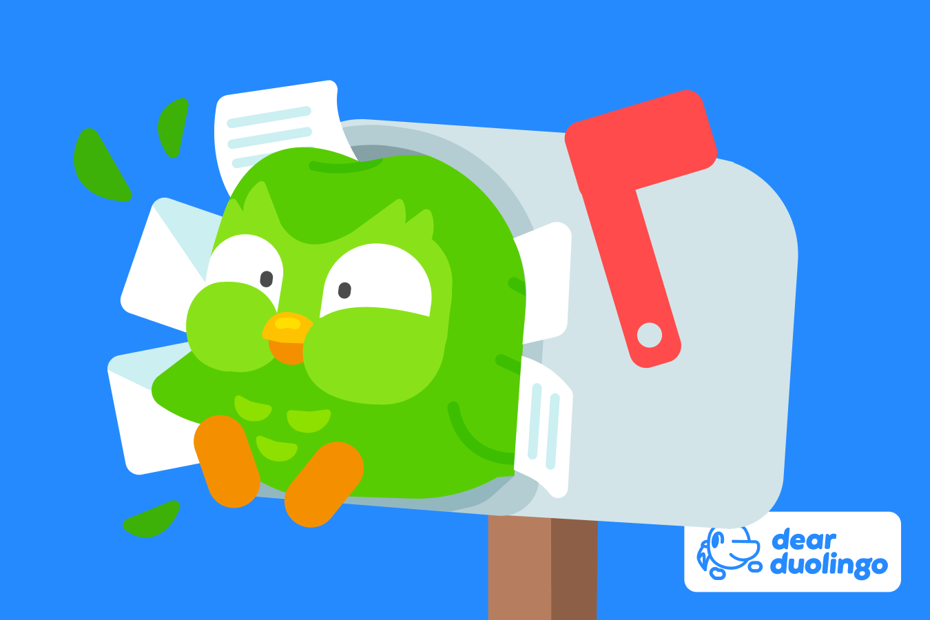 Illustration of Duo bursting from a mailbox filled with letters with the "Dear Duolingo" logo in the corner