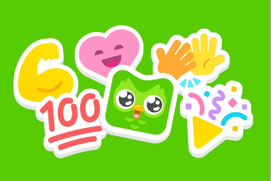 Ilustración de 5 stickers de emojis (el número 100, un brazo flexionando, un corazón, un choque de manos y confeti) y Duo