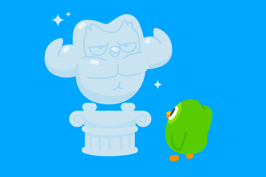フクロウのデュオが大きな大理石の像に見とれているイラスト。