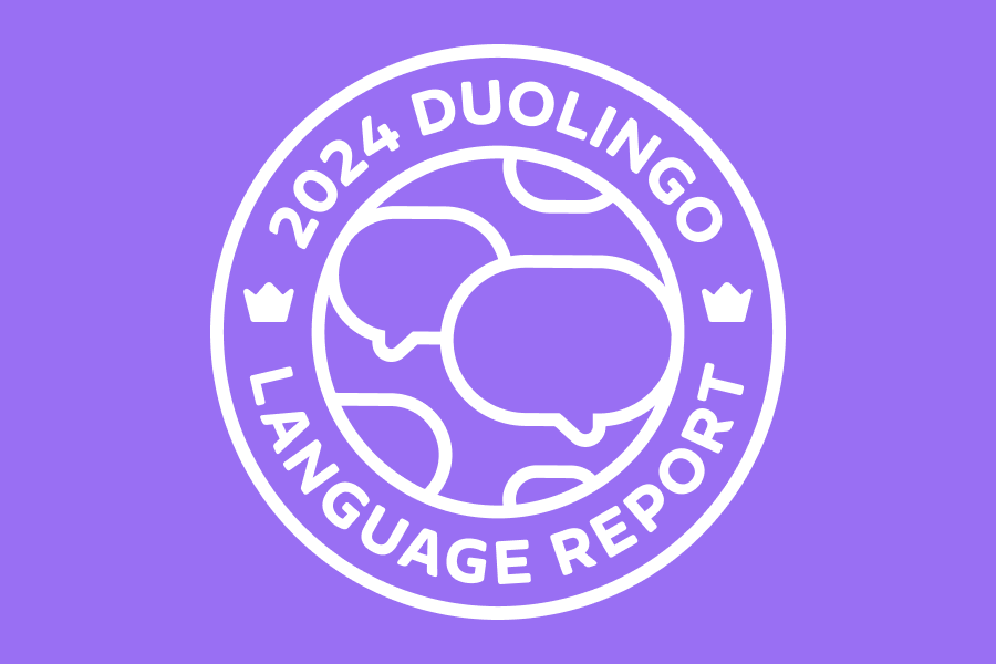 The phrase "2024 Duolingo Language Report" in a circle around a globe with speech bubbles instead of continents