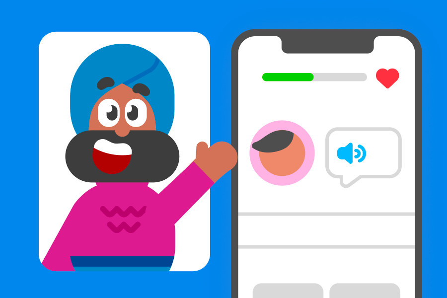 Auf der linken Seite winkt Vikram, rechts daneben ist ein Screenshot, der eine Lektion auf Duolingo zeigt.