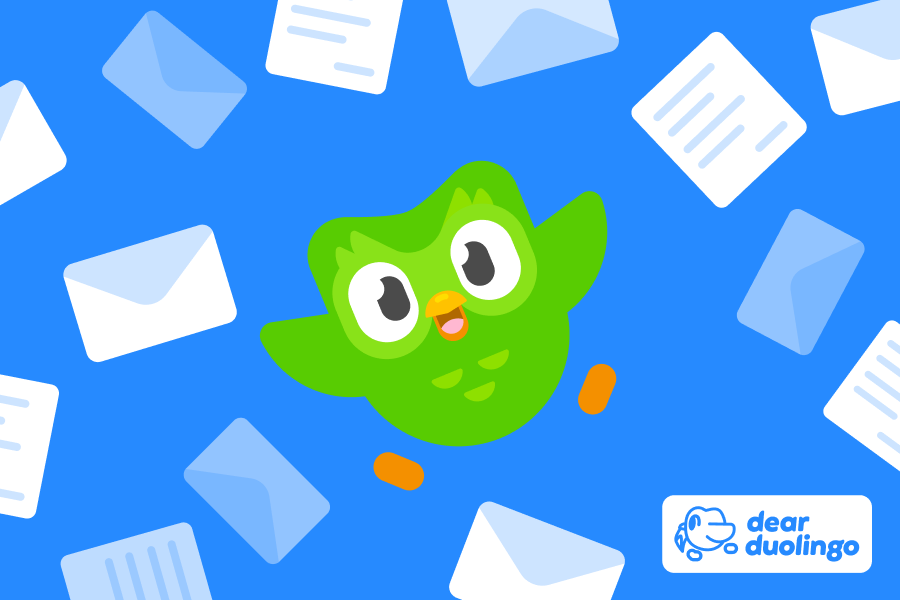 Illustration of Duo the owl surrounded by envelopes and letters with the "Dear Duolingo" logo in the corner