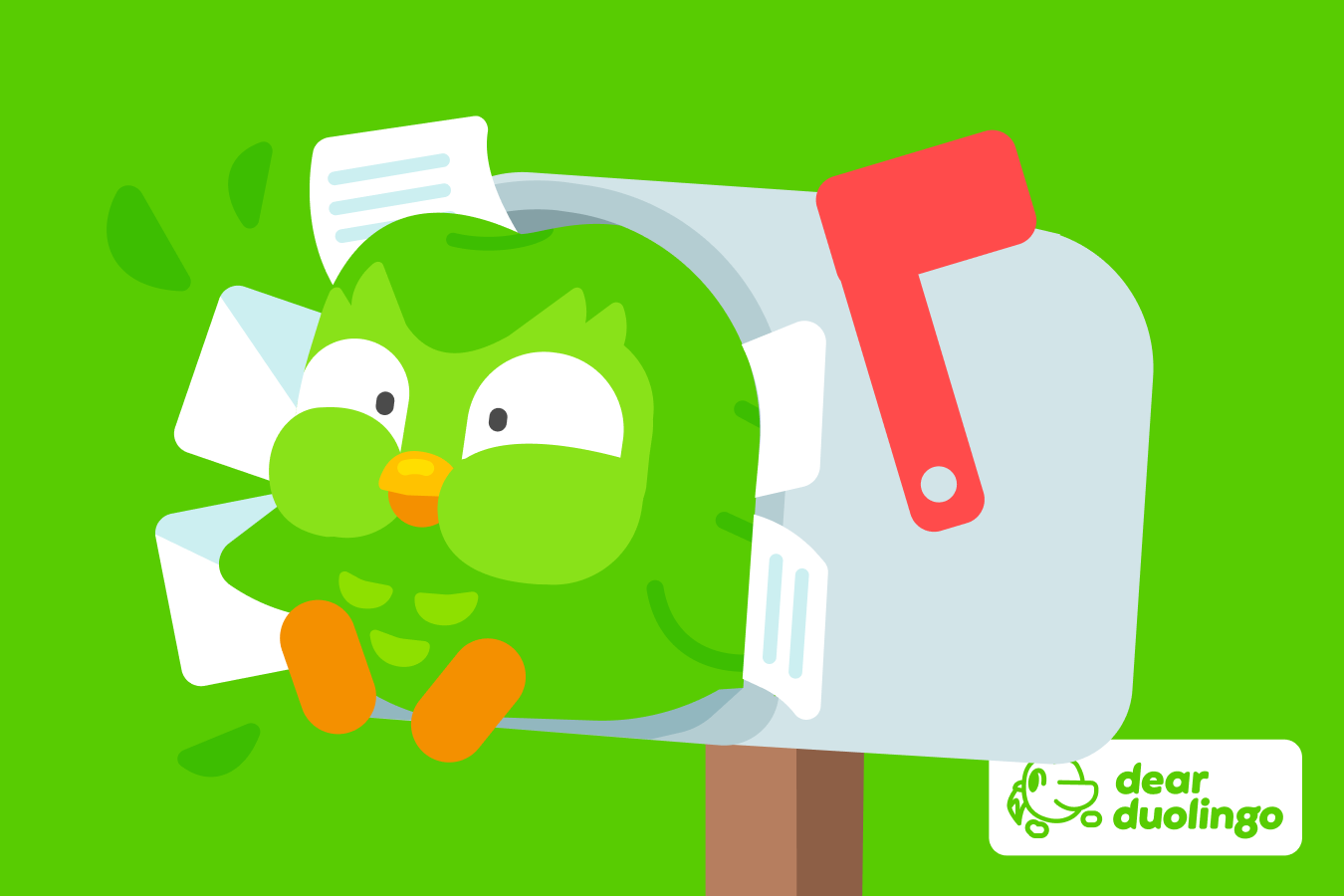 Illustration of Duo bursting from a mailbox filled with letters with the "Dear Duolingo" logo in the corner