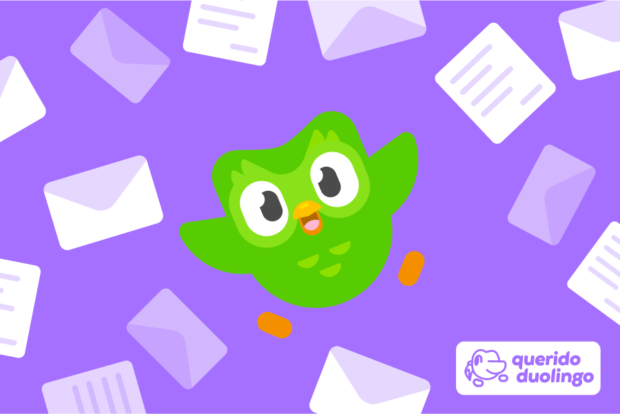 Ilustração da coruja Duo com envelopes e cartas ao redor. No canto inferior está o logo da coluna "Querido Duolingo".