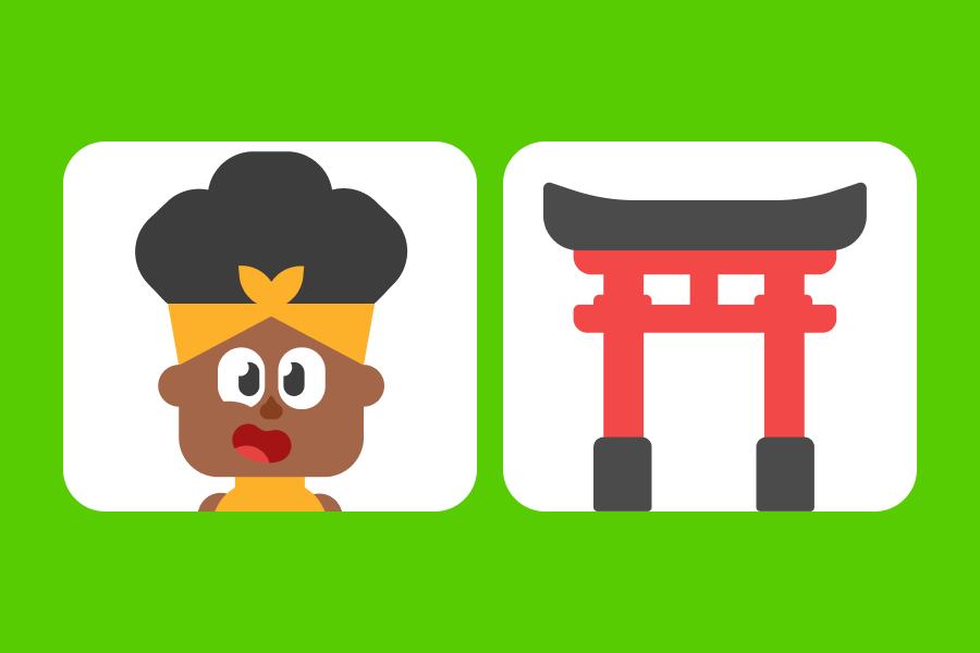 Abbildung einer vor Vorfreude aufgeregt lächelnden Bea, daneben ein japanischer Shinto-Tempel