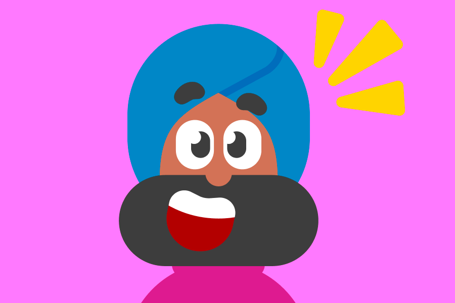 Vikram sorri satisfeito, com marcas flutuando acima da cabeça em sinal de entusiasmo.