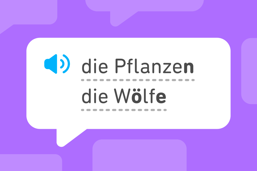 Burbuja de diálogo con dos sustantivos plurales en alemán: “die Pflanzen” y “die Wölfe”