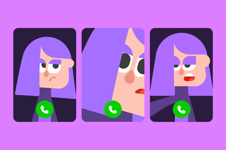 Trois vignettes d’un Appel vidéo avec Lily. Elle semble agacée et attend que l’utilisateur décroche en appuyant sur le bouton vert.
