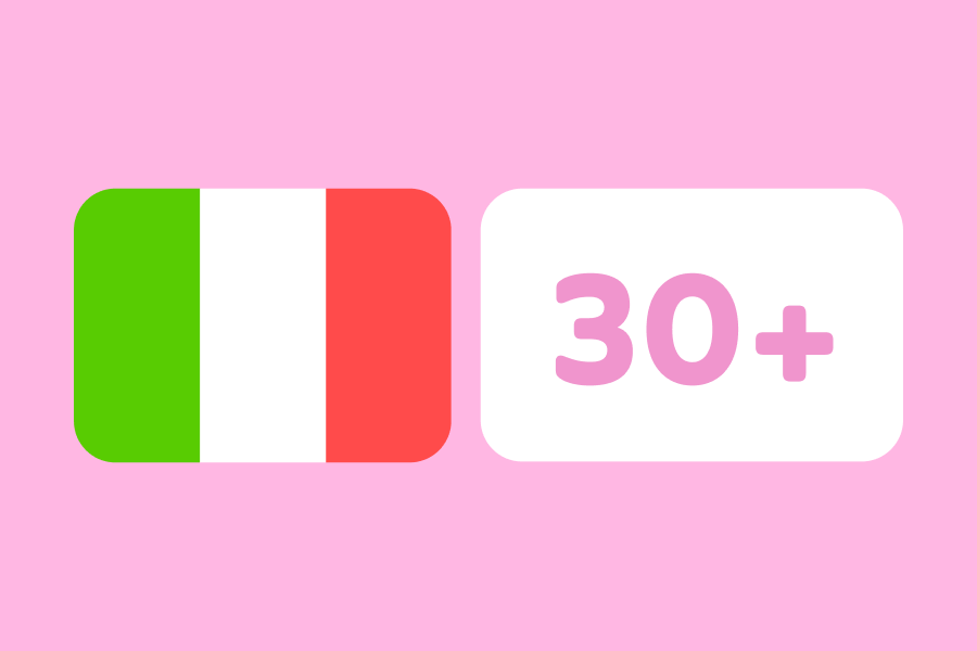 Le drapeau italien sur un fond rose à côté d’un rectangle affichant le nombre 30 accompagné du signe +