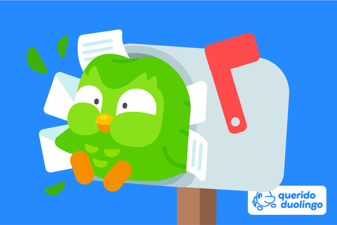Ilustración de Duo saliendo de un buzón repleto de cartas. En la esquina, aparece el logo de Querido Duolingo