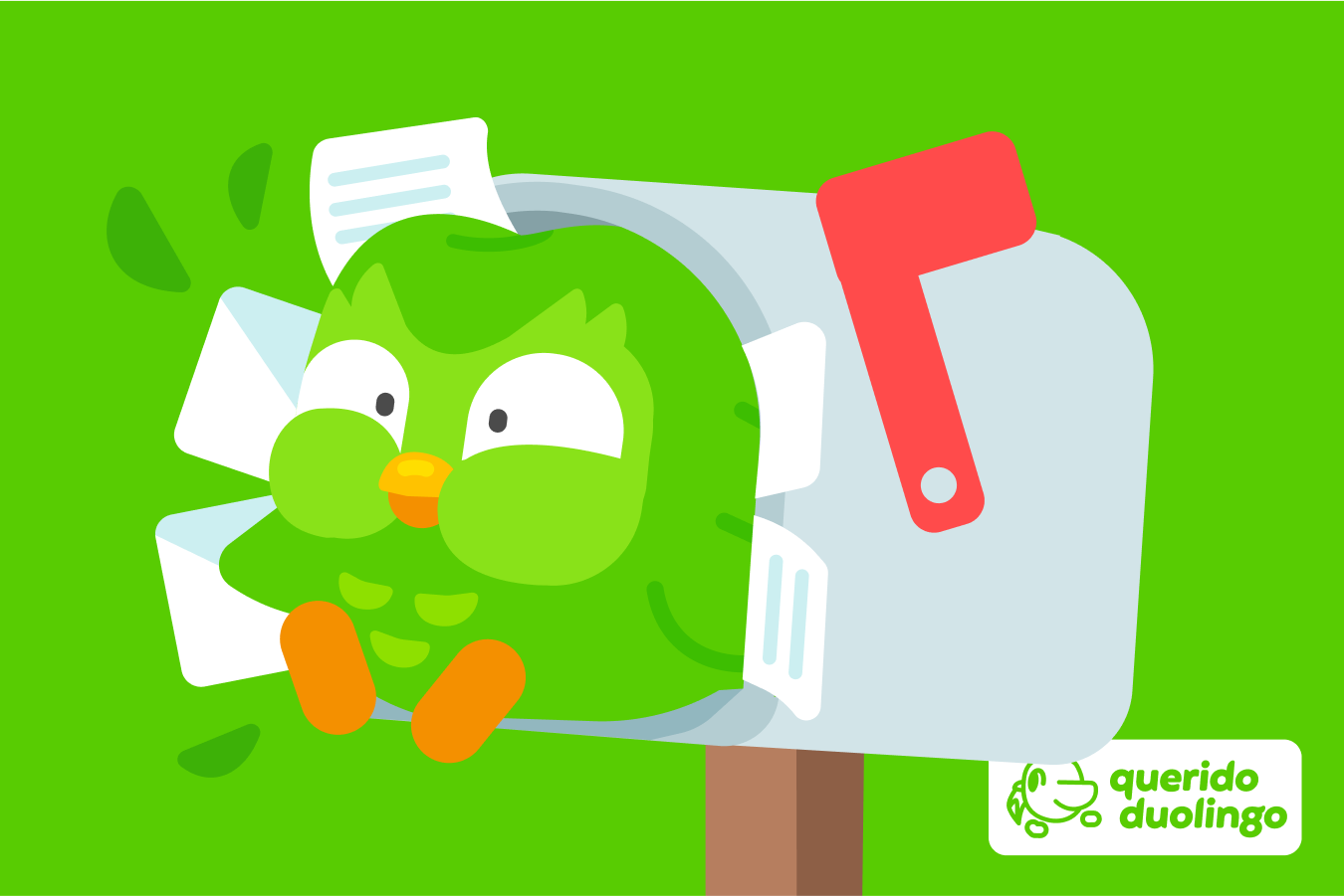 Ilustración de Duo saliendo de un buzón repleto de cartas. En la esquina aparece el logo de Querido Duolingo