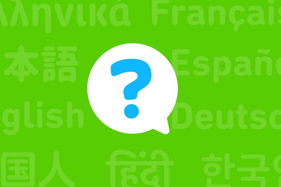 Un point d'interrogation dans une bulle de texte entourée des noms de différentes langues