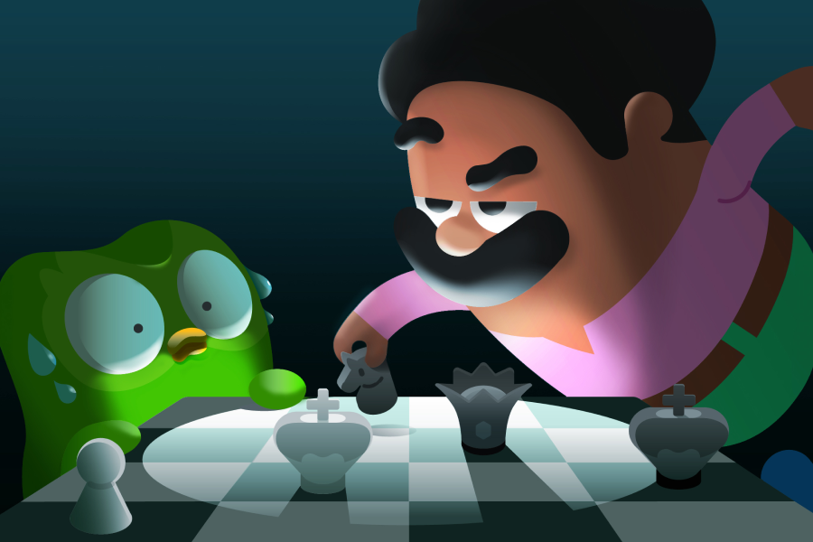 Óscar e Duo jogando xadrez. Duo está suando frio e Óscar avança por cima do tabuleiro movendo uma peça, com olhar desafiador.