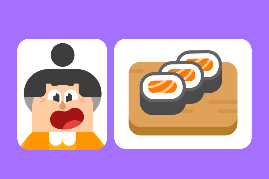 Ilustración de Lucy emocionada junto a una imagen de tres piezas de sushi