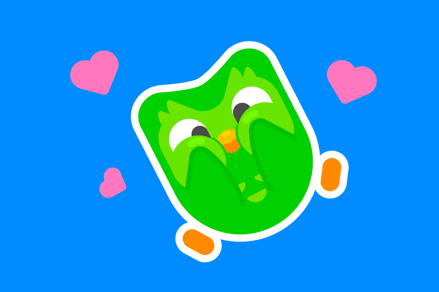Illustration of Duo the owl squishing his own cheeks, overcome by emotion, and hearts floating around his head