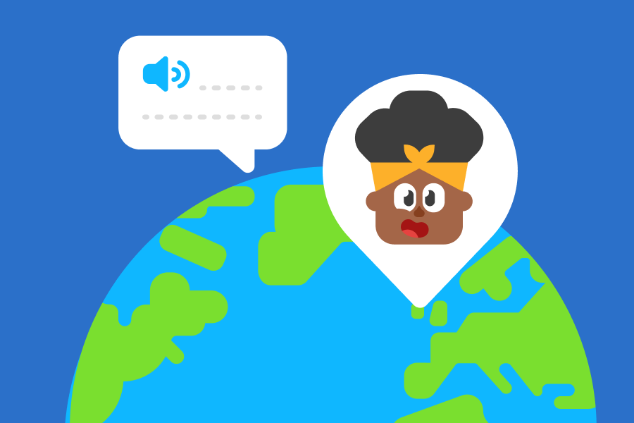 Ilustración de un globo con Bea como pin sobre Irlanda y un globo de diálogo junto a su cabeza