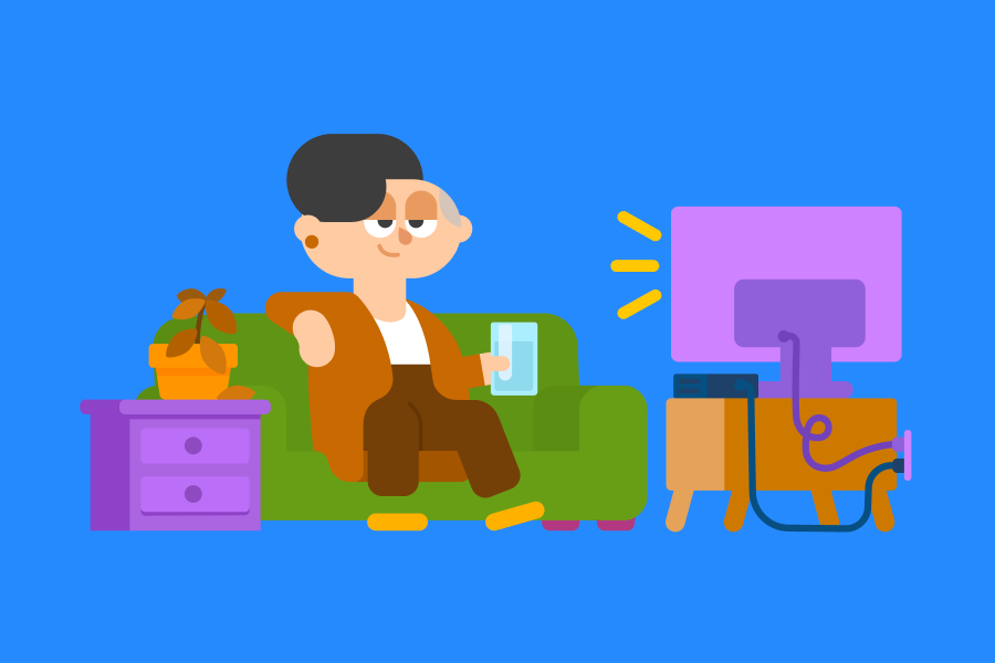 ソファに座り、水を飲みながらテレビを見てリラックスしているリンのイラスト。